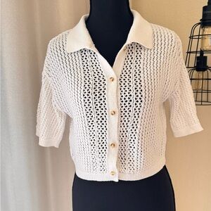 By Anthropologie XS Crochet Collared Beach Sweater Top Short Sleeve Boho Chic